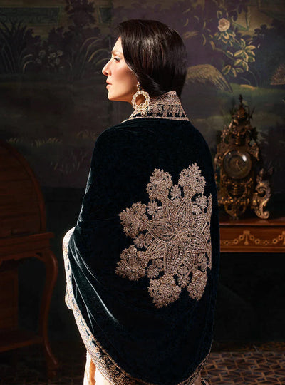 Pure Mysoori Embroidered Dress with Black Velvet Shawl - VC024