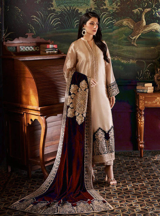 Pure Mysoori Embroidered Dress with Mahroon Velvet Shawl - VC025