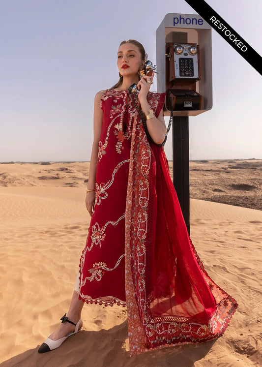 Pure Lawn Scarlet Red Chickenkari Dress - LL302