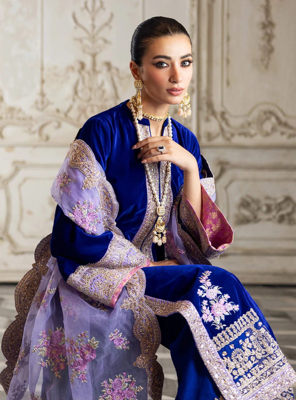 Pure Velvet Royal Blue Embroidered Dress With Hand Bag - VC018