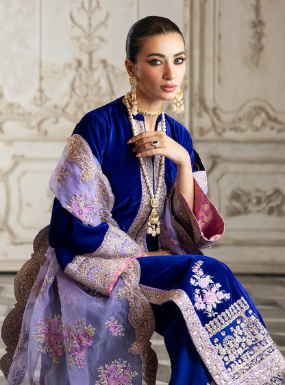 Pure Velvet Royal Blue Embroidered Dress With Hand Bag - VC018