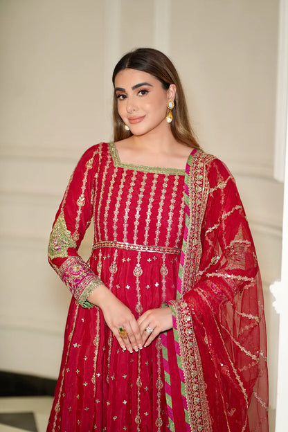 Pure Chiffon Red Embroidered Maxi Dress - WW308