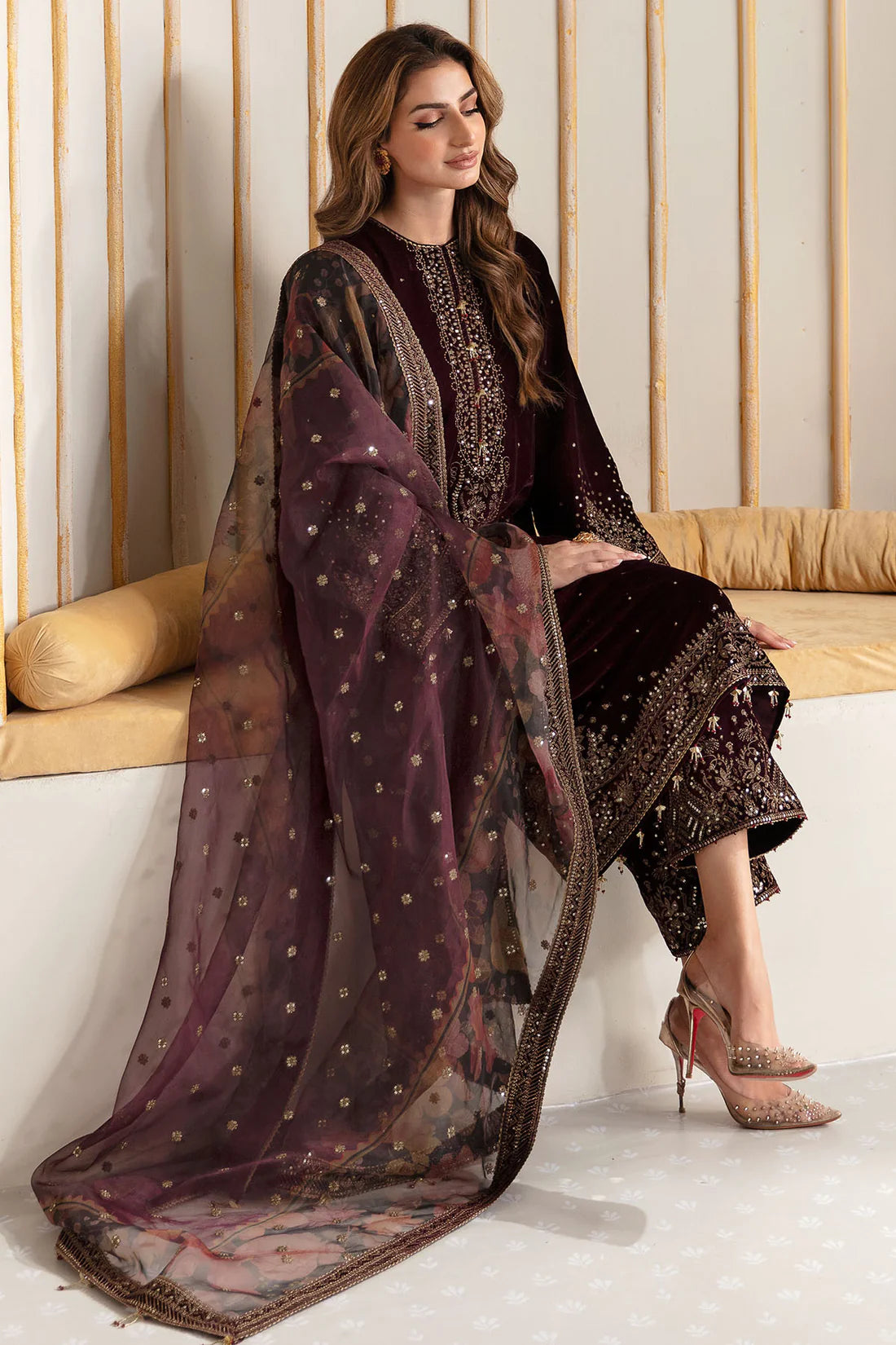 Pure Velvet Mahroon Embroidered Dress - VC023