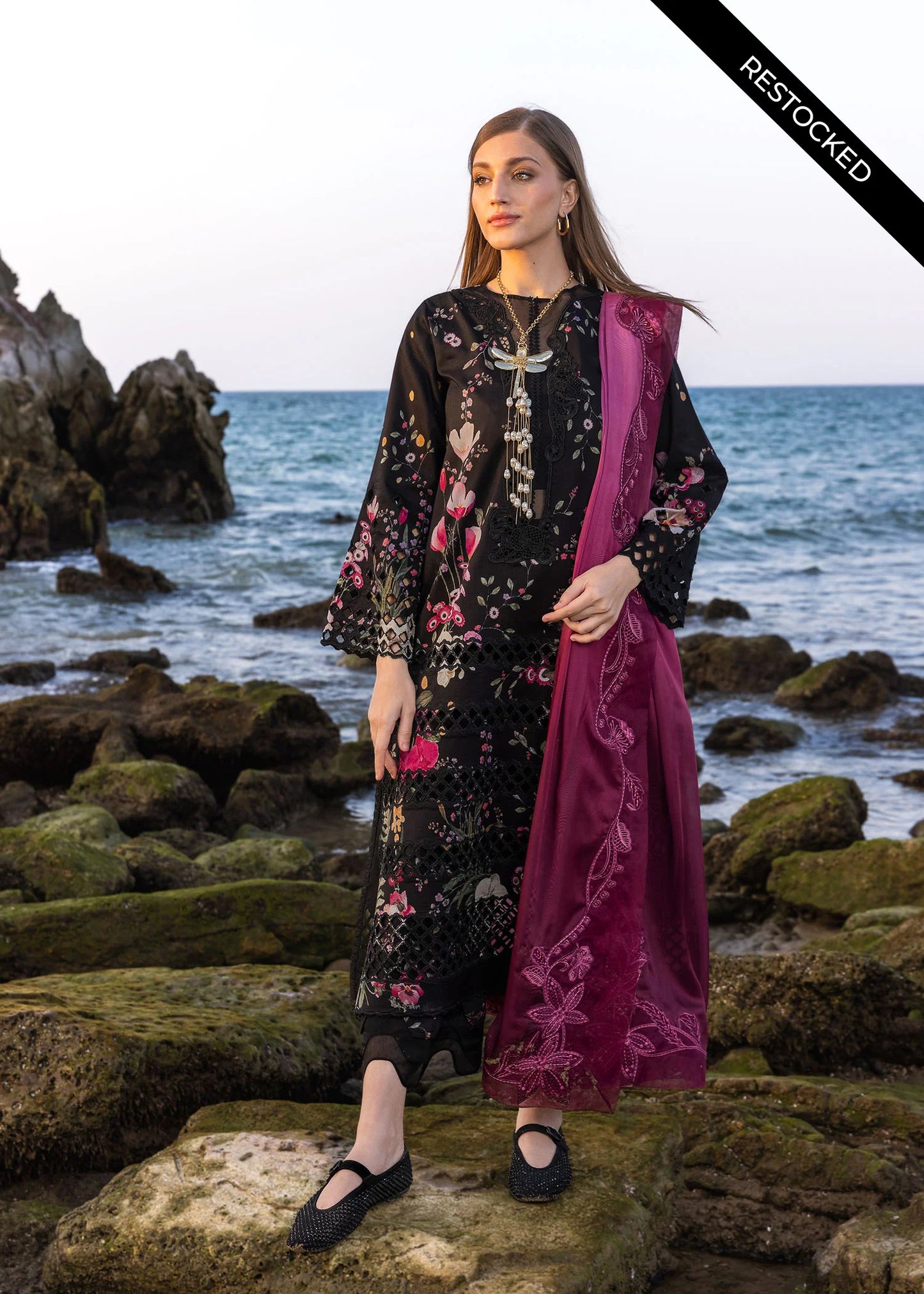 Pure Swiss Lawn Black Chickenkari Dress - LL382