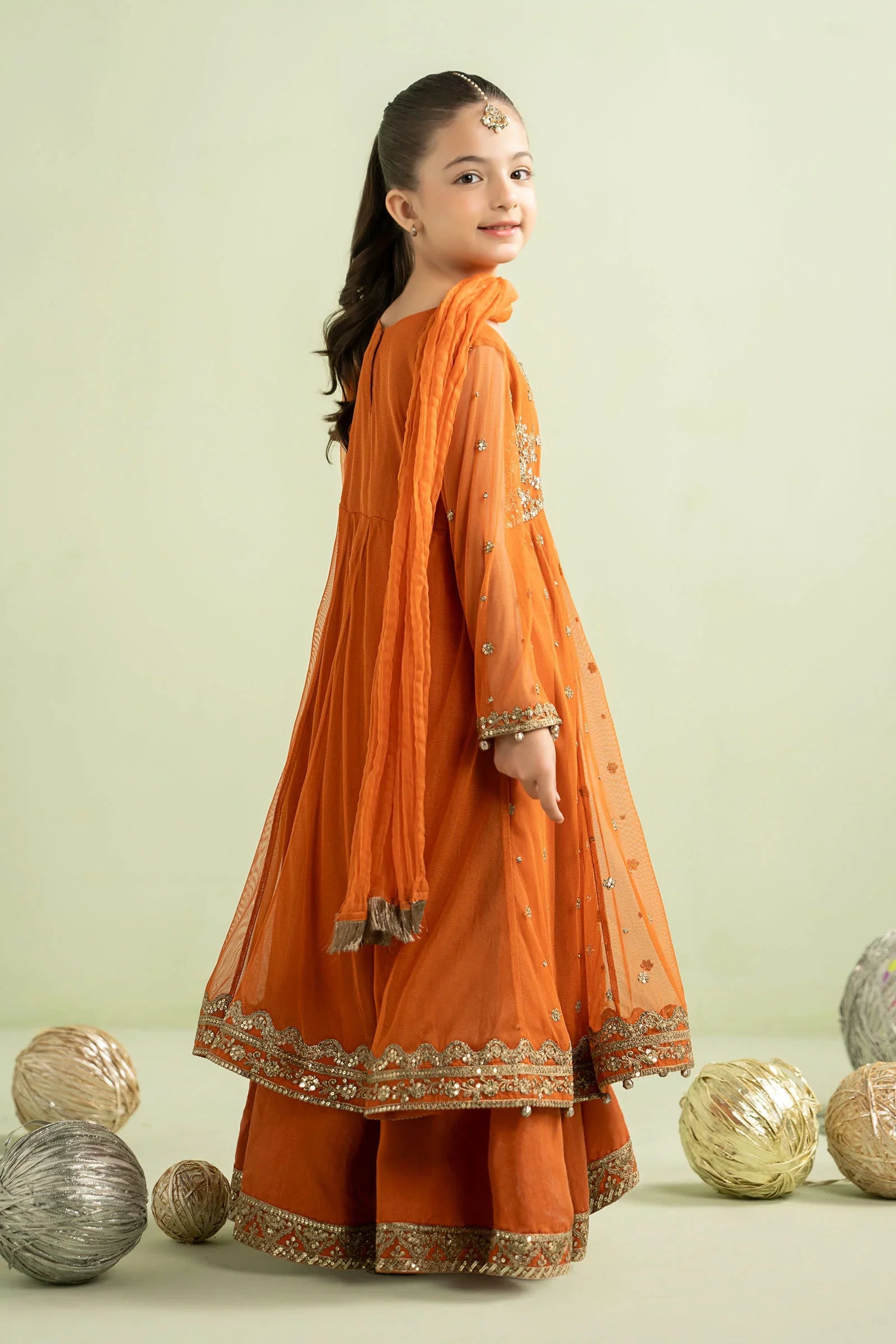 Pure Chiffon Embroidered Orange Kids Outfit - RS002