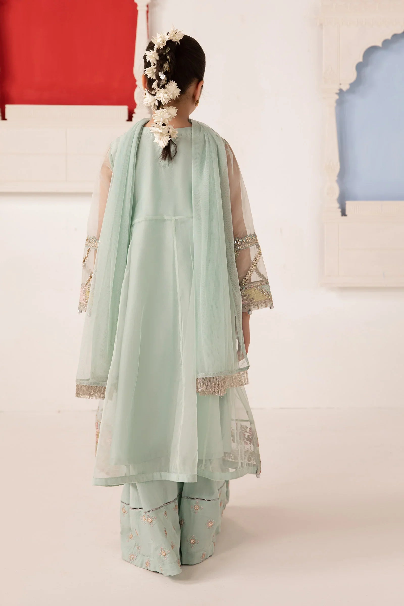 Pure Chiffon Embroidered Green Kids Outfit - RS004