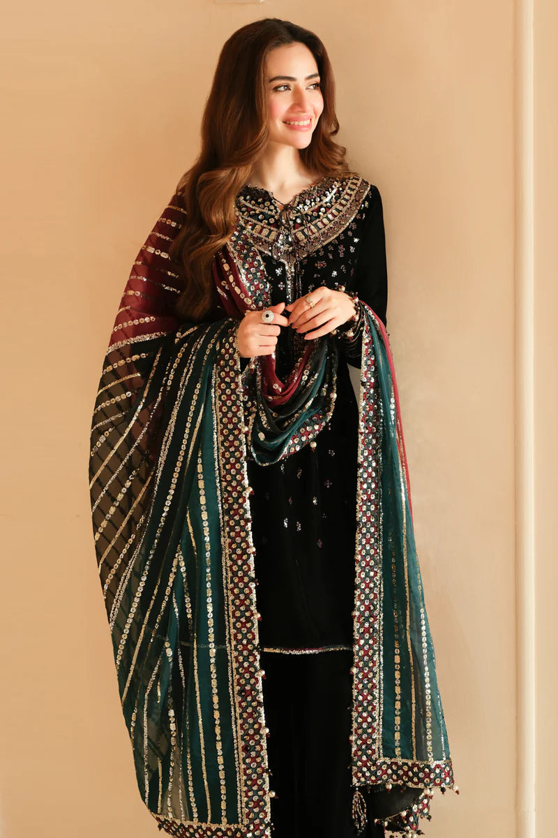 Pure Velvet Black Embroidered Dress - VC017