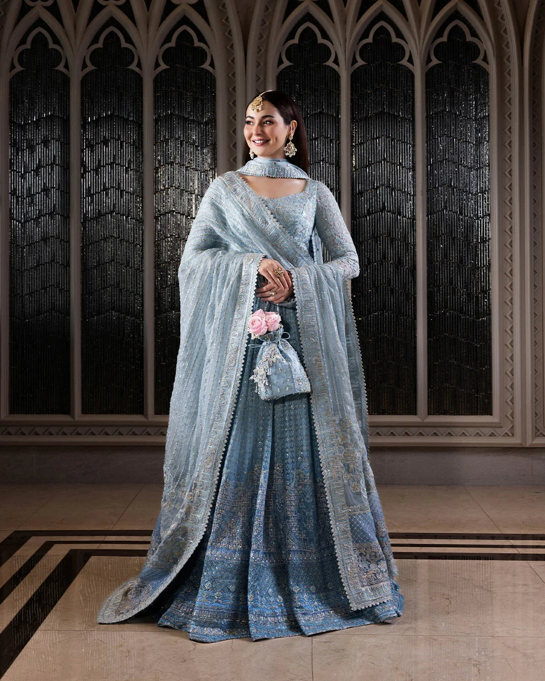 Pure Chiffon Blue Embroidered Wedding Maxi Dress - WW503