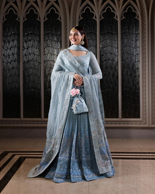 Pure Chiffon Blue Embroidered Wedding Maxi Dress - WW503