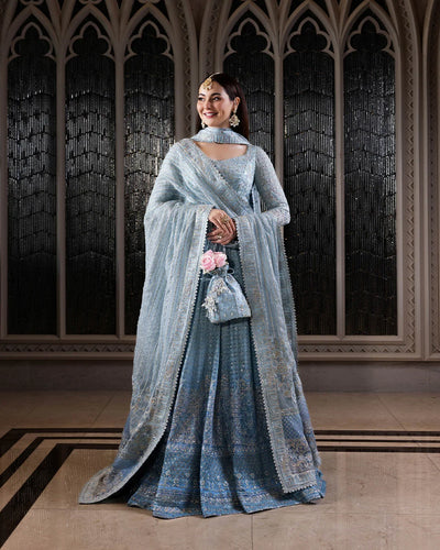 Pure Chiffon Blue Embroidered Wedding Maxi Dress - WW503
