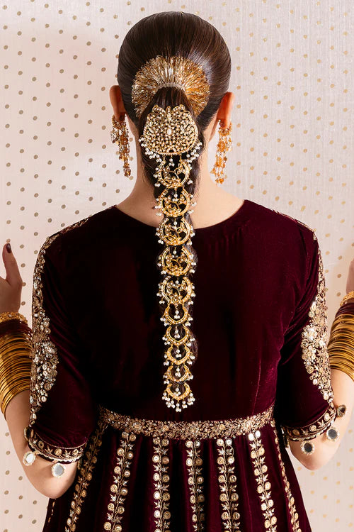 Pure Velvet Mahroon Embroidered Maxi Dress With Hand Bag - VC019