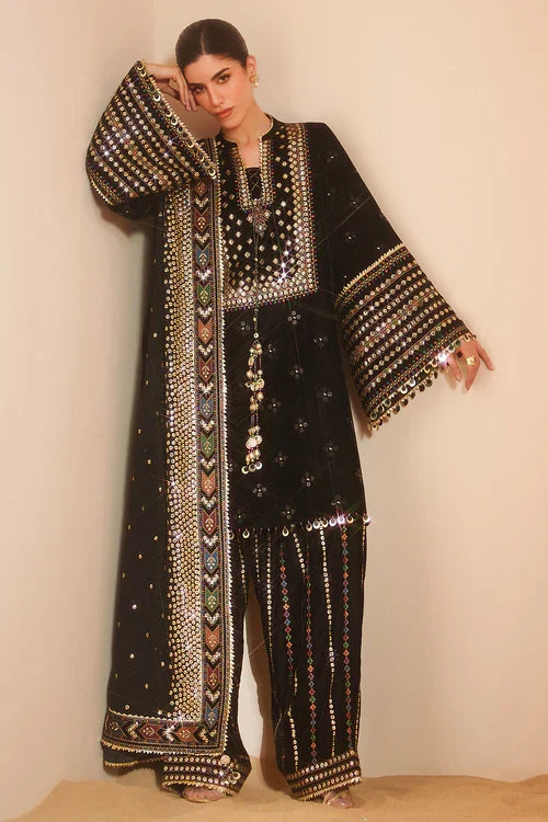 Pure Velvet Black Embroidered Dress - VC025