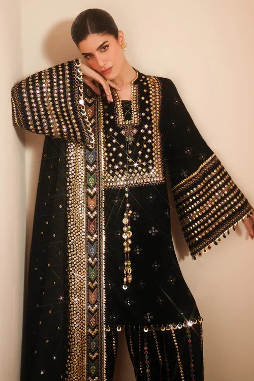 Pure Velvet Black Embroidered Dress - VC025