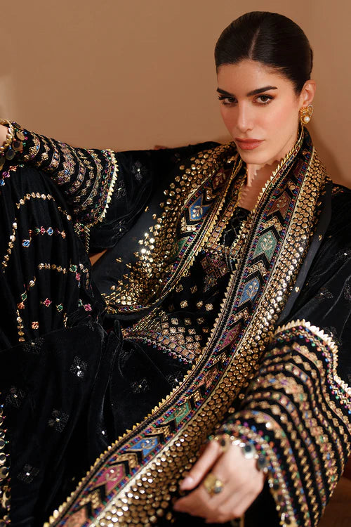 Pure Velvet Black Embroidered Dress - VC025