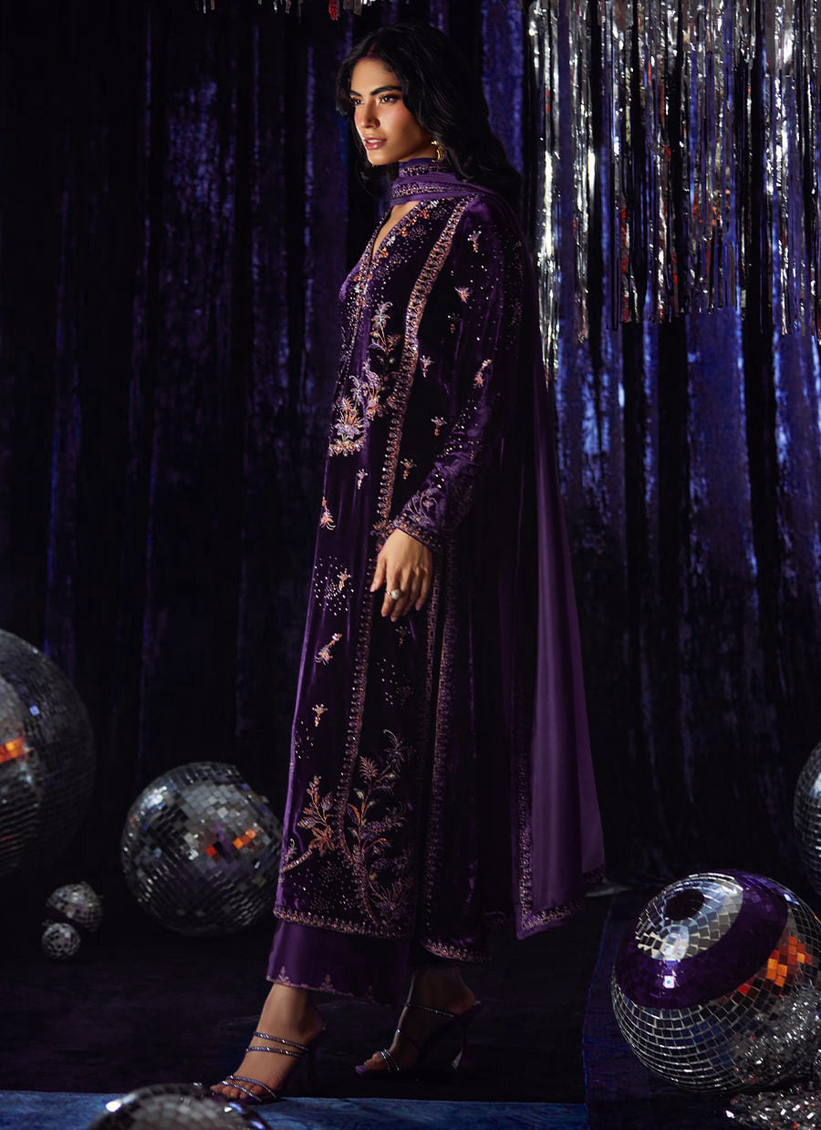 Pure Velvet Purple Embroidered Dress - VC027