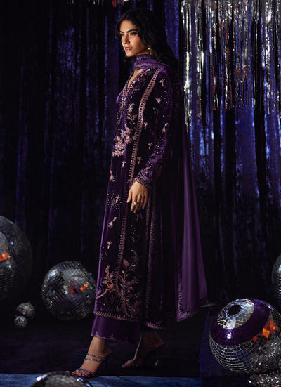 Pure Velvet Purple Embroidered Dress - VC027
