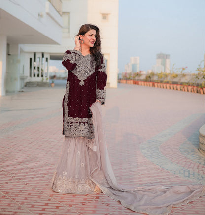 Pure Velvet Mahroon Embroidered Dress - VC014