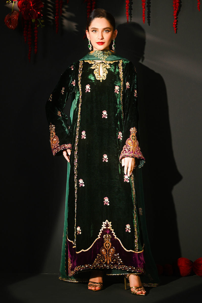Pure Velvet Bottle Green Embroidered Dress - VC026