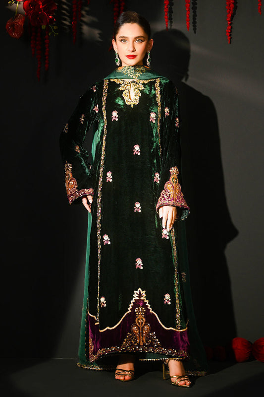Pure Velvet Bottle Green Embroidered Dress - VC026
