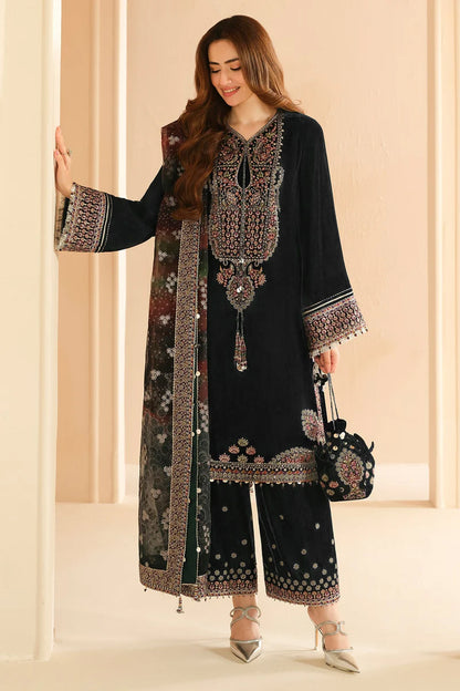 Pure Velvet Black Embroidered Dress with Hand Bag - VC015