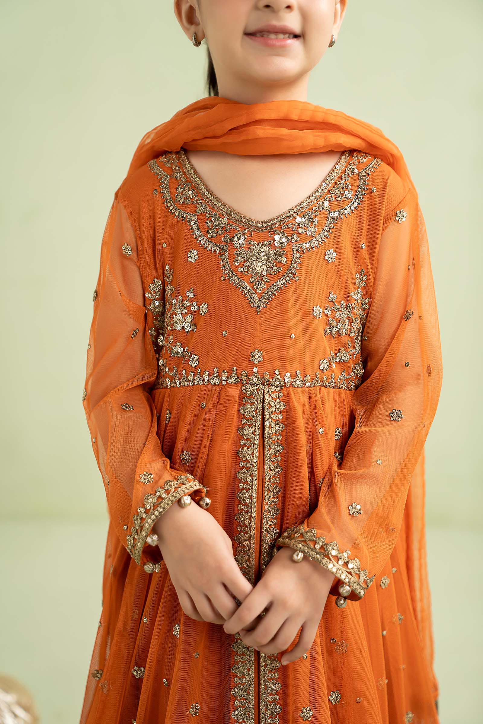 Pure Chiffon Embroidered Orange Kids Outfit - RS002