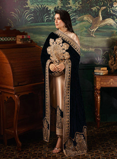 Pure Mysoori Embroidered Dress with Black Velvet Shawl - VC024