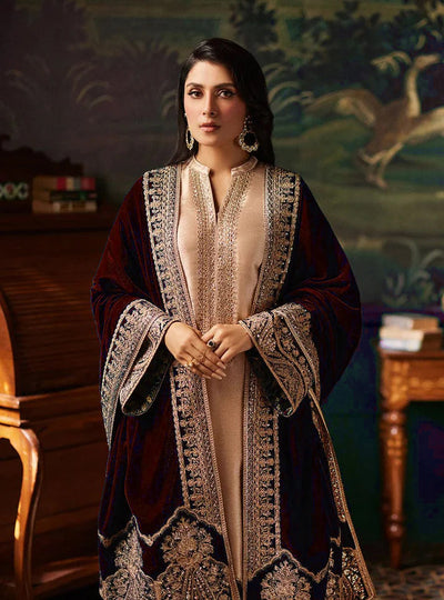 Pure Mysoori Embroidered Dress with Mahroon Velvet Shawl - VC025
