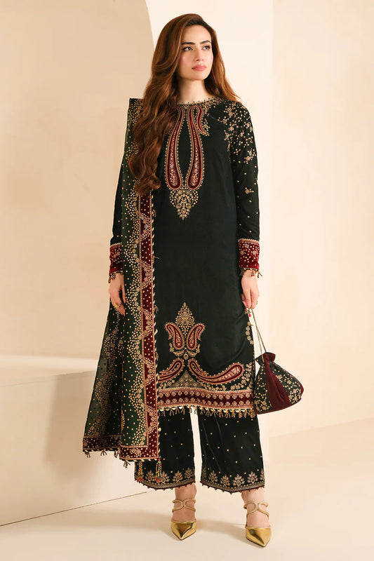 Pure Velvet Bottle Green Embroidered Dress - VC001