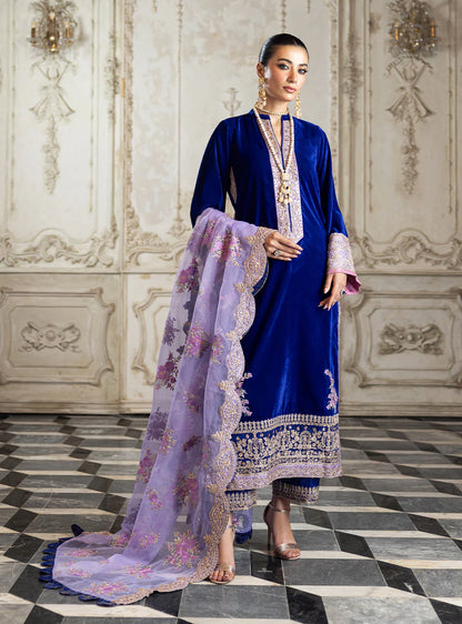 Pure Velvet Royal Blue Embroidered Dress With Hand Bag - VC018