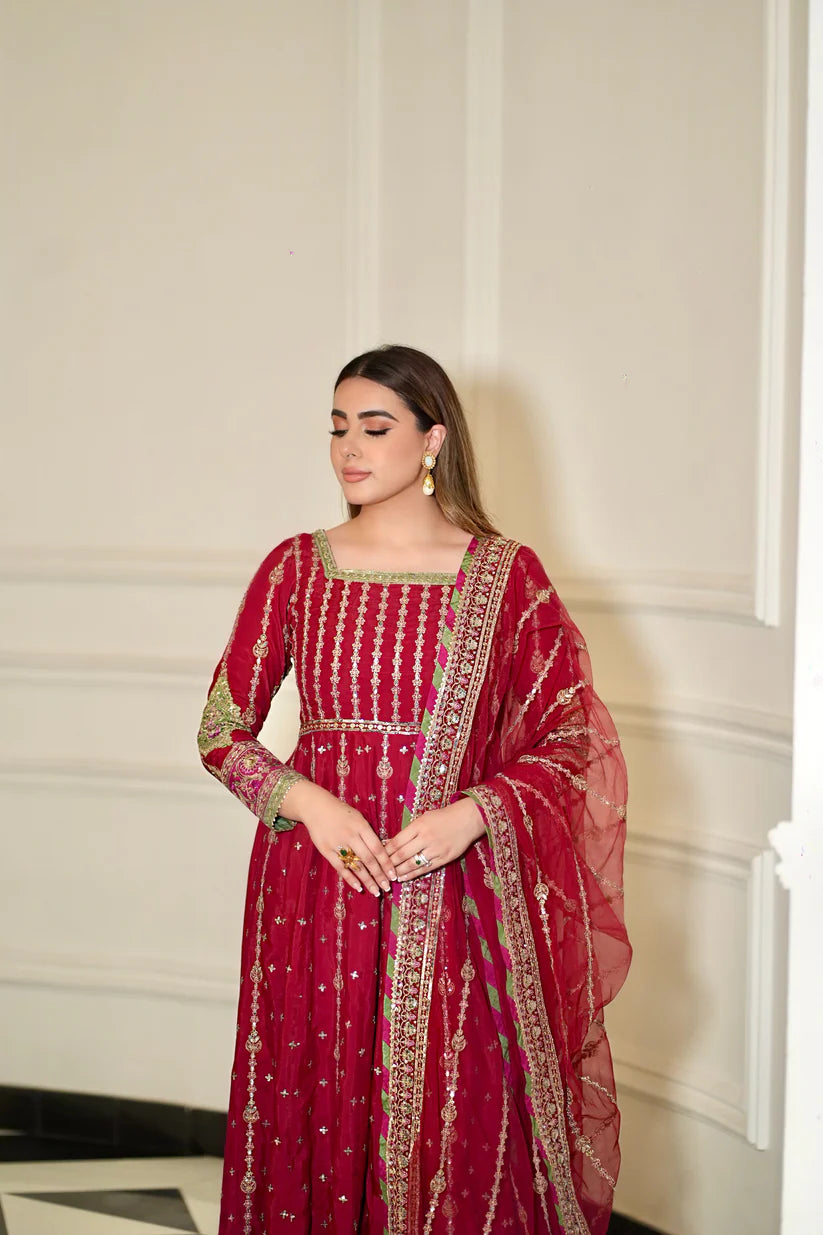 Pure Chiffon Red Embroidered Maxi Dress - WW308