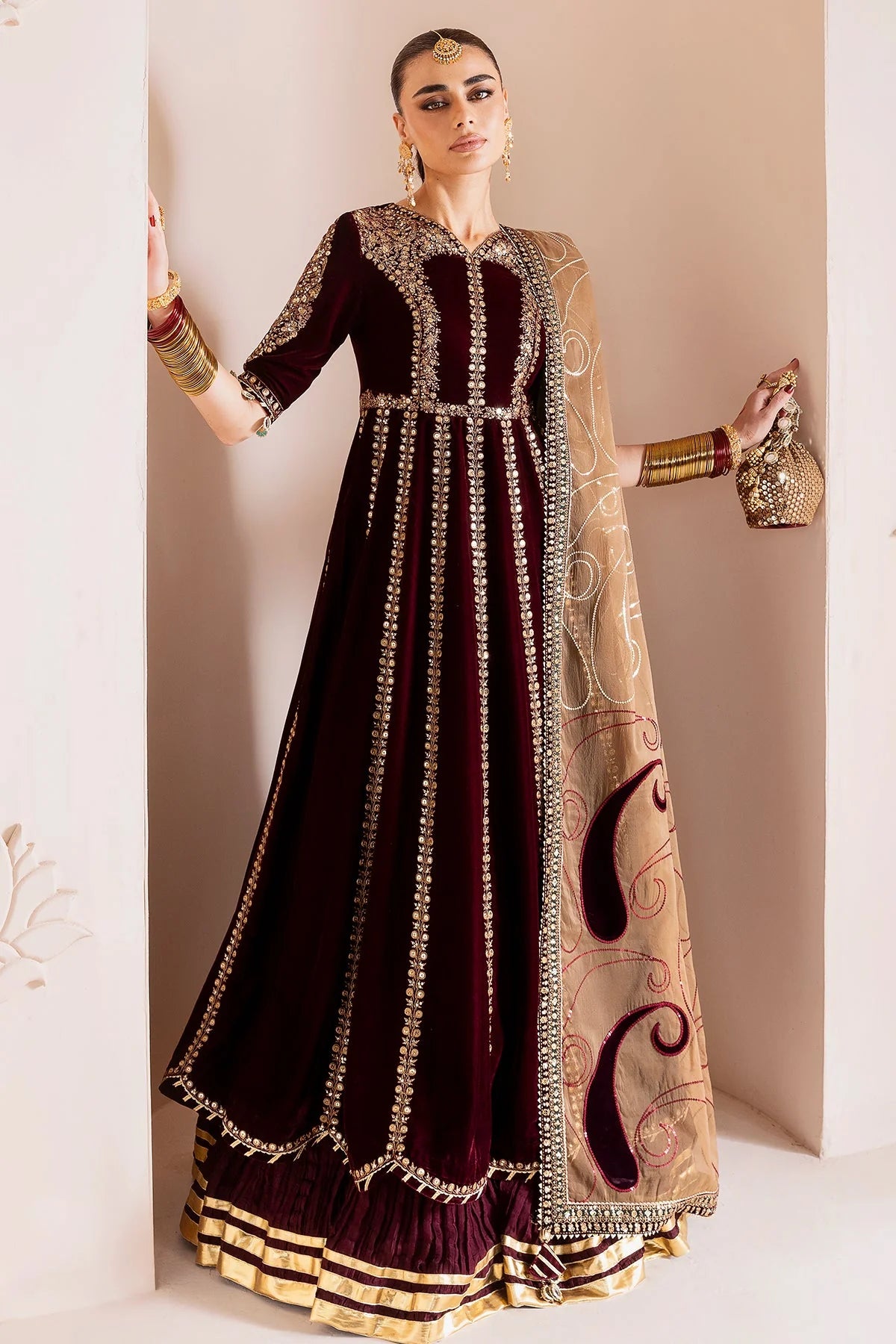 Pure Velvet Mahroon Embroidered Maxi Dress With Hand Bag - VC019