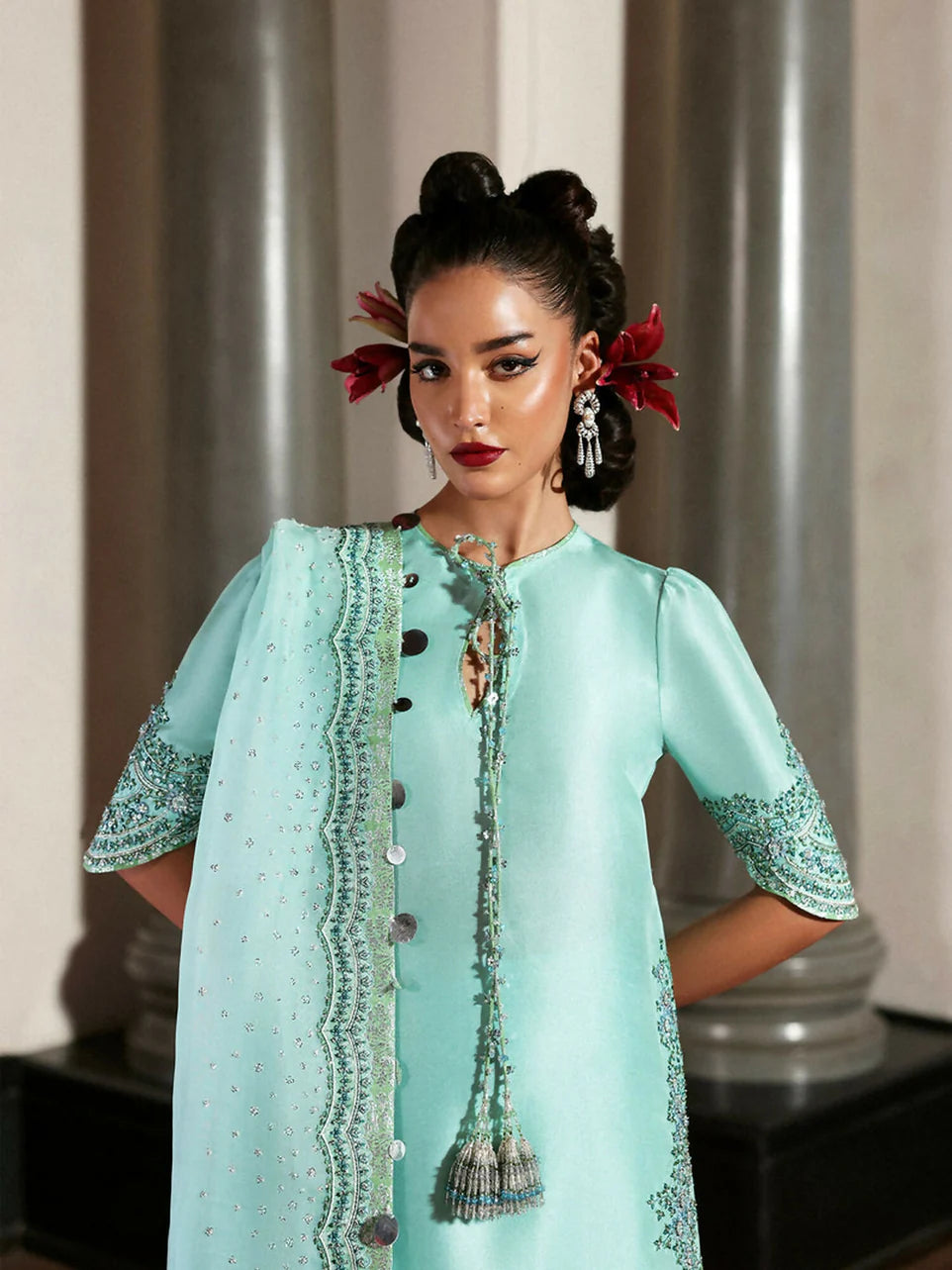 Pure Raw Silk Sea Green Embroidered Dress - WW309