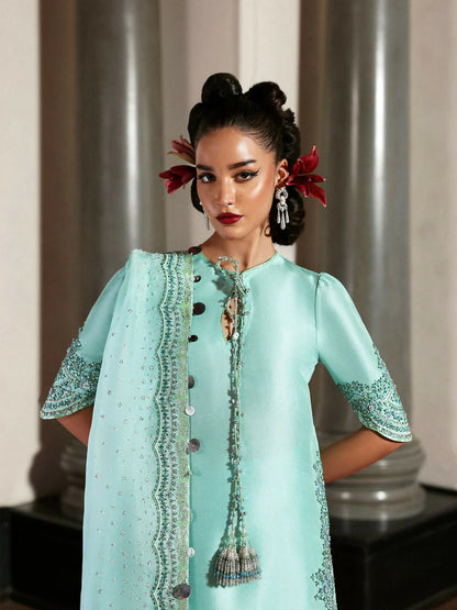 Pure Raw Silk Sea Green Embroidered Dress - WW309
