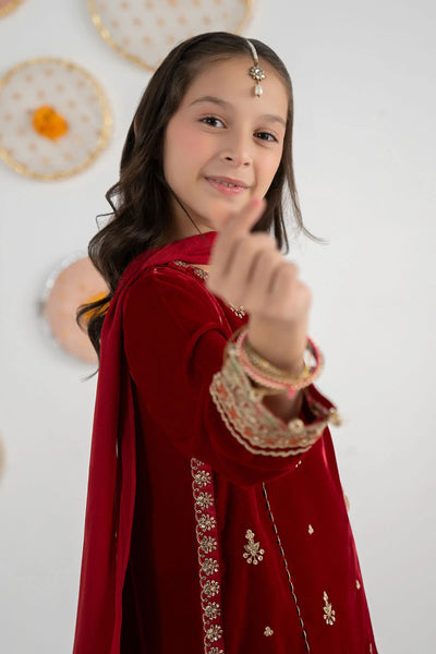 Pure Chiffon Embroidered Mahroon Kids Outfit - RS006