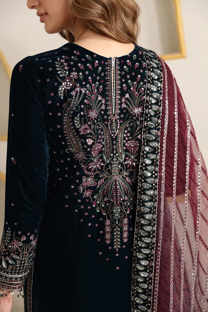 Pure Velvet Navy Blue Embroidered Dress - VC018