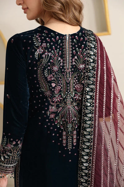 Pure Velvet Navy Blue Embroidered Dress - VC018
