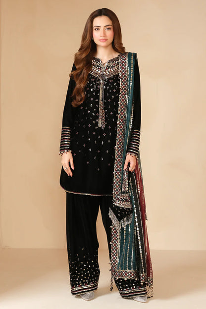 Pure Velvet Black Embroidered Dress - VC017