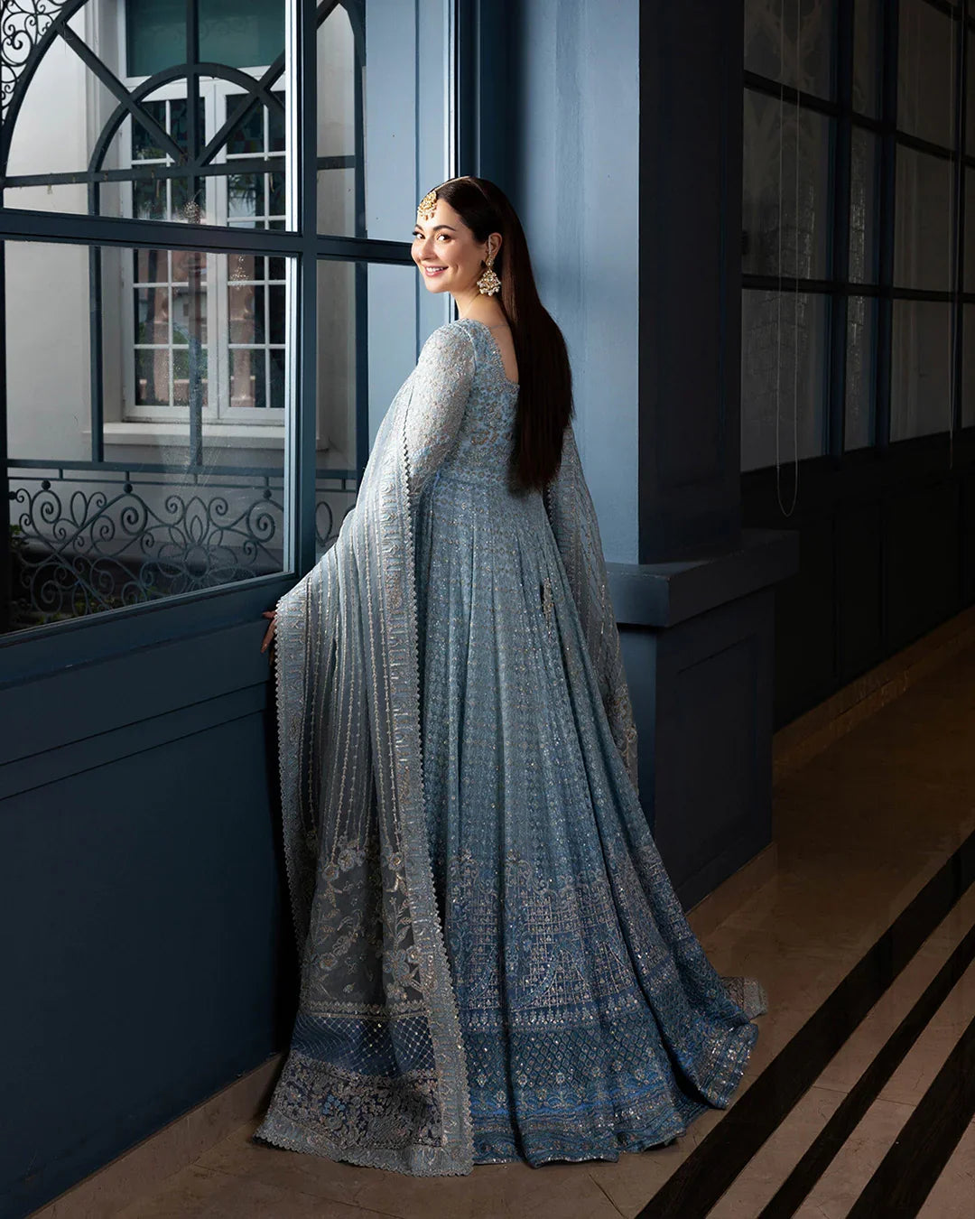 Pure Chiffon Blue Embroidered Wedding Maxi Dress - WW503
