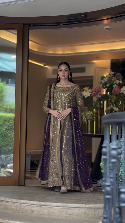 Pure Mysoori Tobacco & Purple Embroidered Dress - WW304