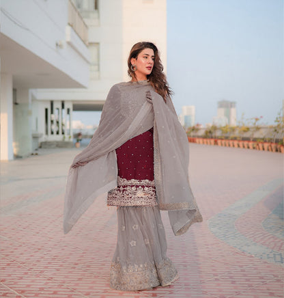 Pure Velvet Mahroon Embroidered Dress - VC014