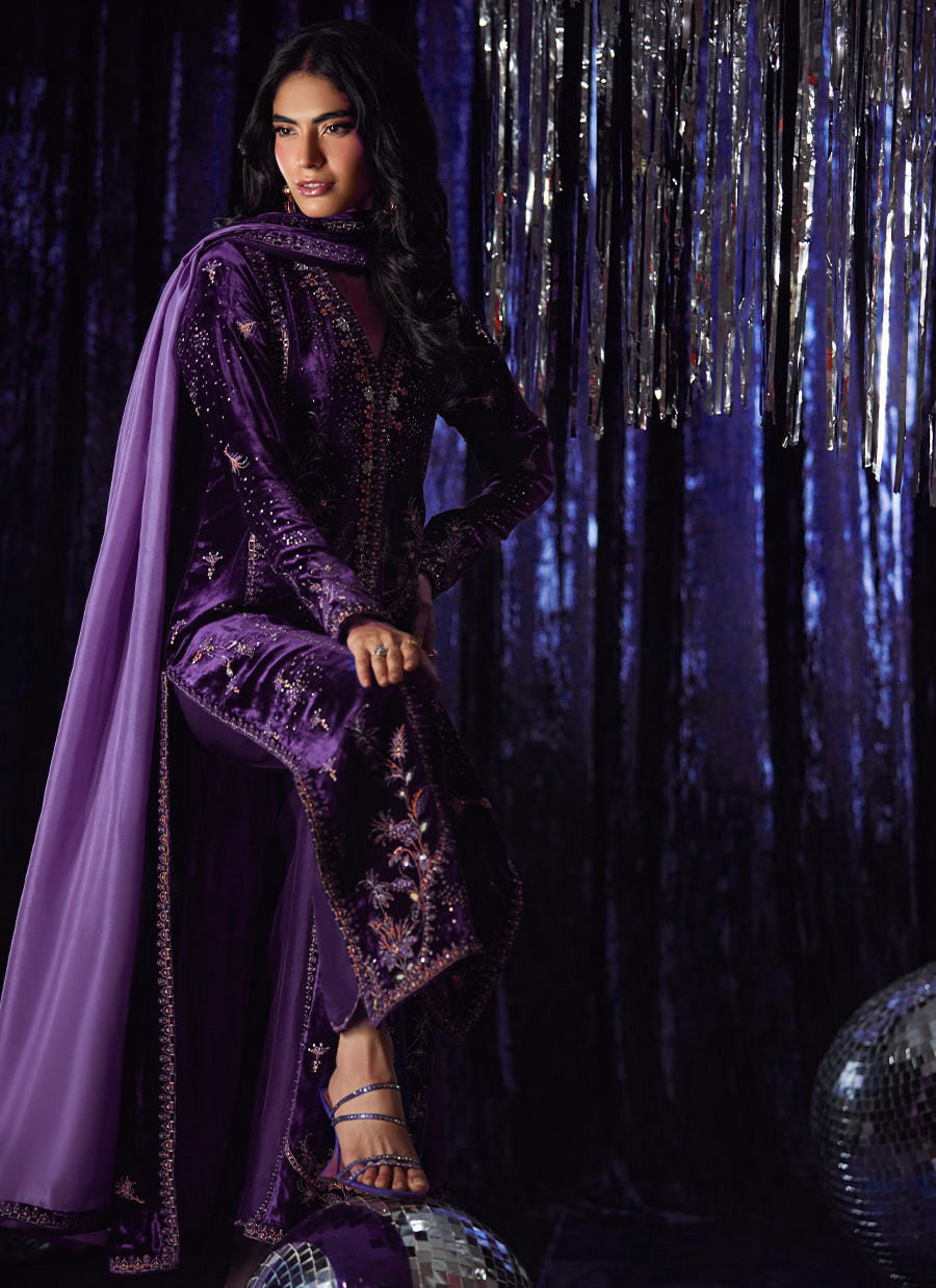 Pure Velvet Purple Embroidered Dress - VC027