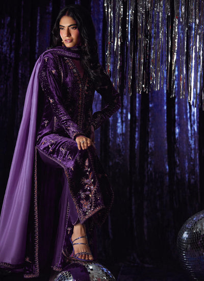 Pure Velvet Purple Embroidered Dress - VC027