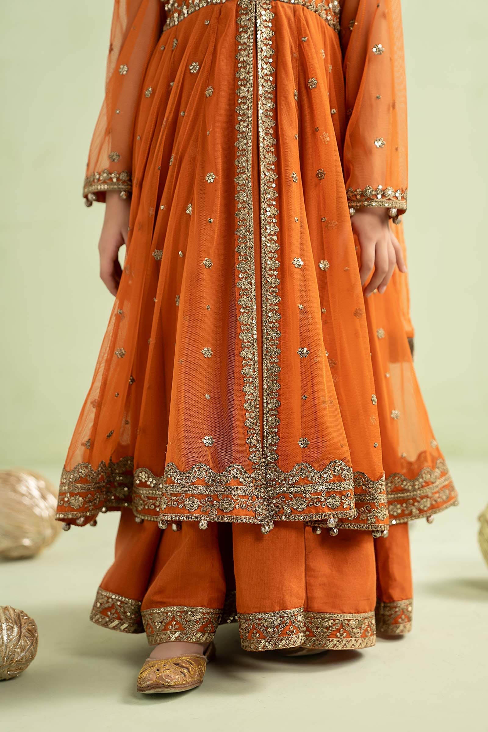 Pure Chiffon Embroidered Orange Kids Outfit - RS002