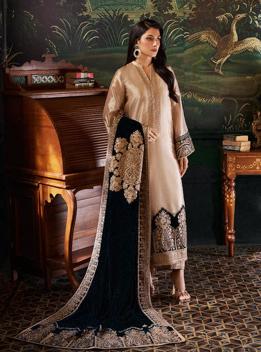 Pure Mysoori Embroidered Dress with Black Velvet Shawl - VC024