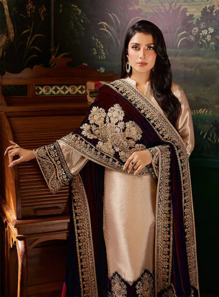 Pure Mysoori Embroidered Dress with Mahroon Velvet Shawl - VC025