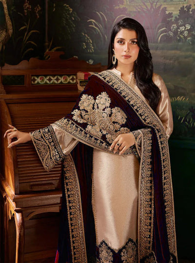 Pure Mysoori Embroidered Dress with Mahroon Velvet Shawl - VC025