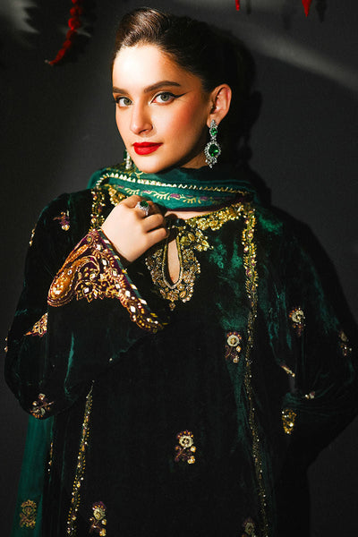 Pure Velvet Bottle Green Embroidered Dress - VC026