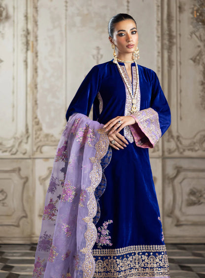 Pure Velvet Royal Blue Embroidered Dress With Hand Bag - VC018