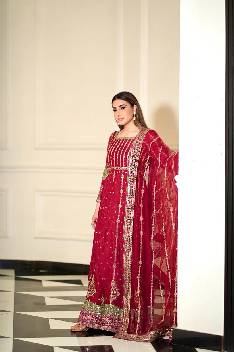 Pure Chiffon Red Embroidered Maxi Dress - WW308