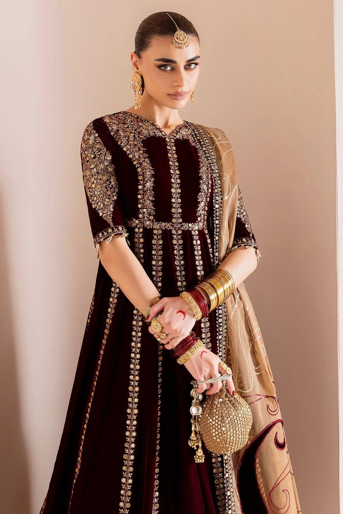 Pure Velvet Mahroon Embroidered Maxi Dress With Hand Bag - VC019